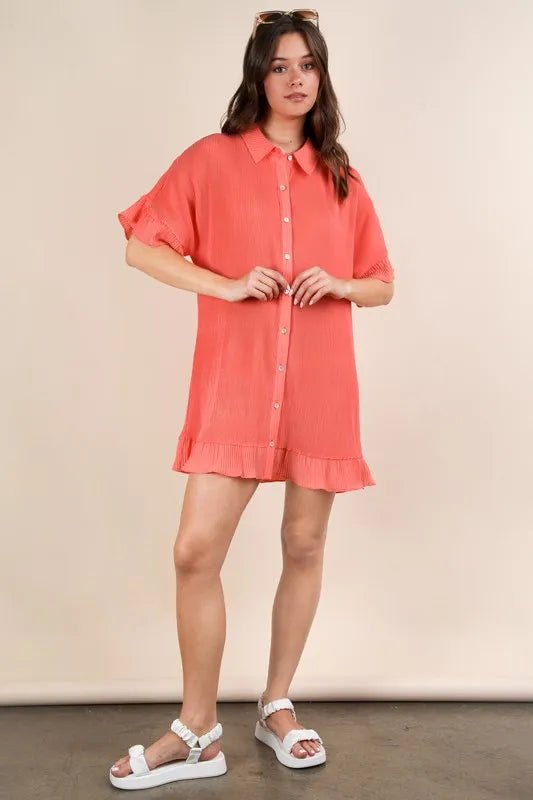 Very J - Coral Pleated Button - Down Ruffle Hem Mini Dress