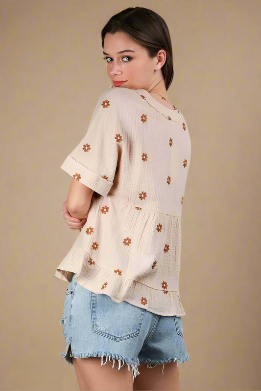 Very J - Cream Daisy Embroidered Gauze Top