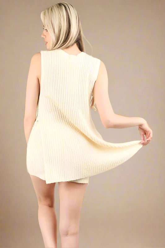 Very J - Cream Ribbed Knit Tank & Shorts Set