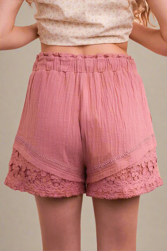 Very J - Dusty Rose Gauze Shorts with Floral Crochet Hem