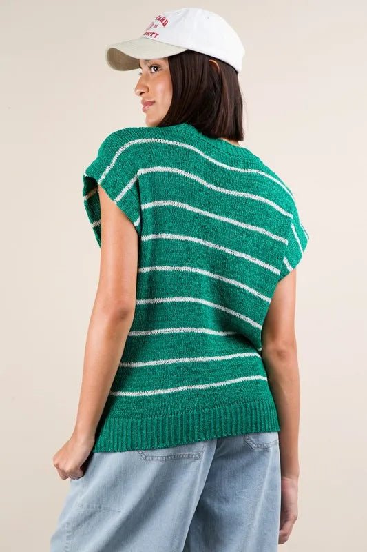 Very J - Emerald & White Striped Knit Cap Sleeve Sweater