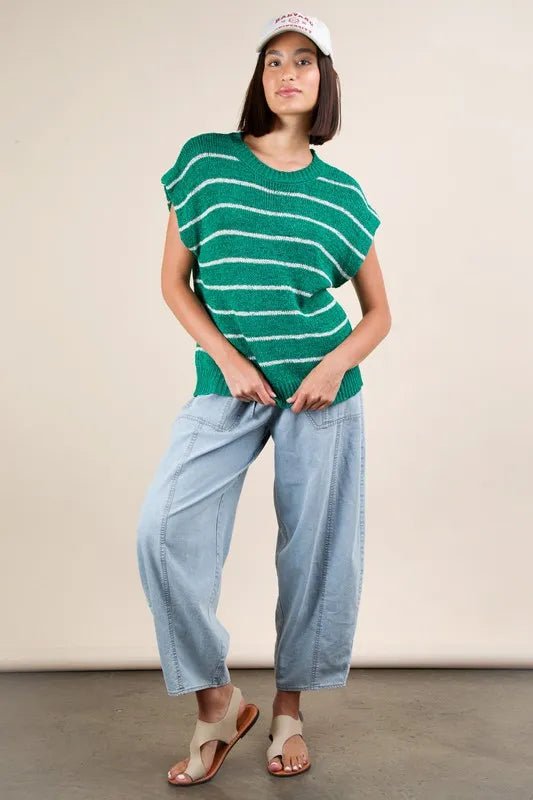 Very J - Emerald & White Striped Knit Cap Sleeve Sweater