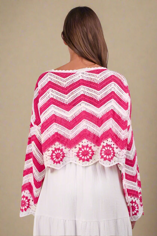 Very J - Hot Pink & White Crochet Chevron Floral Sweater