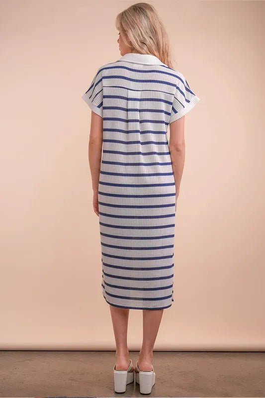 Very J - Ivory & Blue Striped Knit Polo Dress