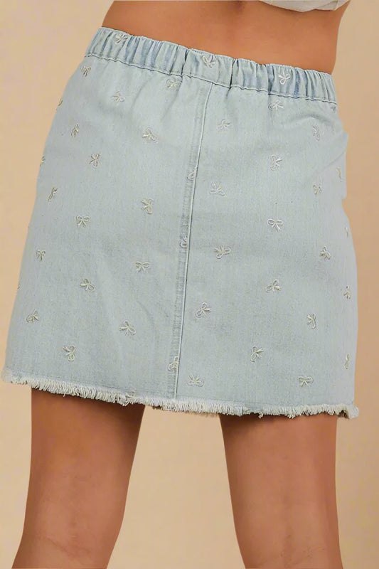 Very J - Light Wash Denim Mini Skirt with Embroidered Bows