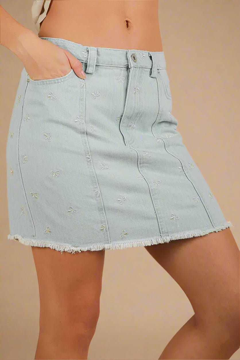 Very J - Light Wash Denim Mini Skirt with Embroidered Bows