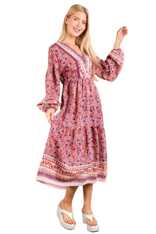 Very J - Mauve & Violet Boho Border Print Midi Dress