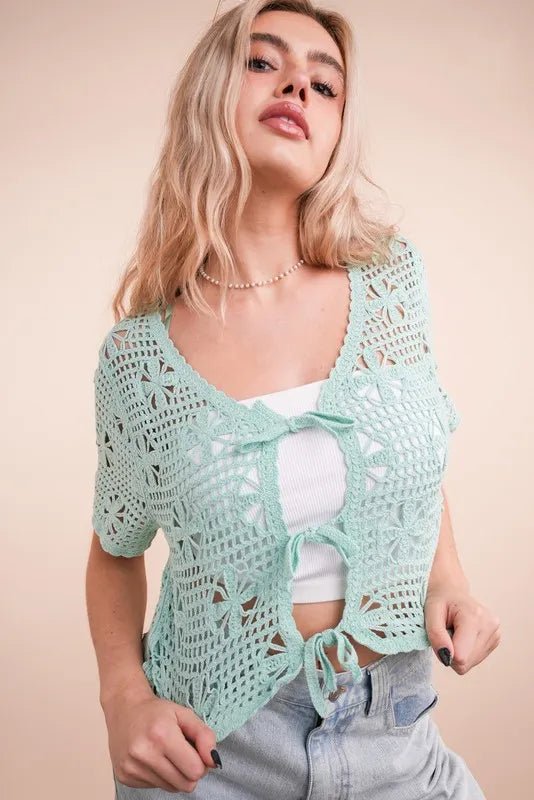 Very J - Mint Crochet Tie - Front Cardigan Top