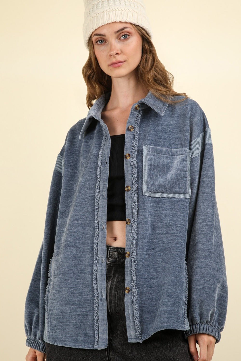 Very J - Mixed Media Button Down Raw Hem Shacket in Denim Blue