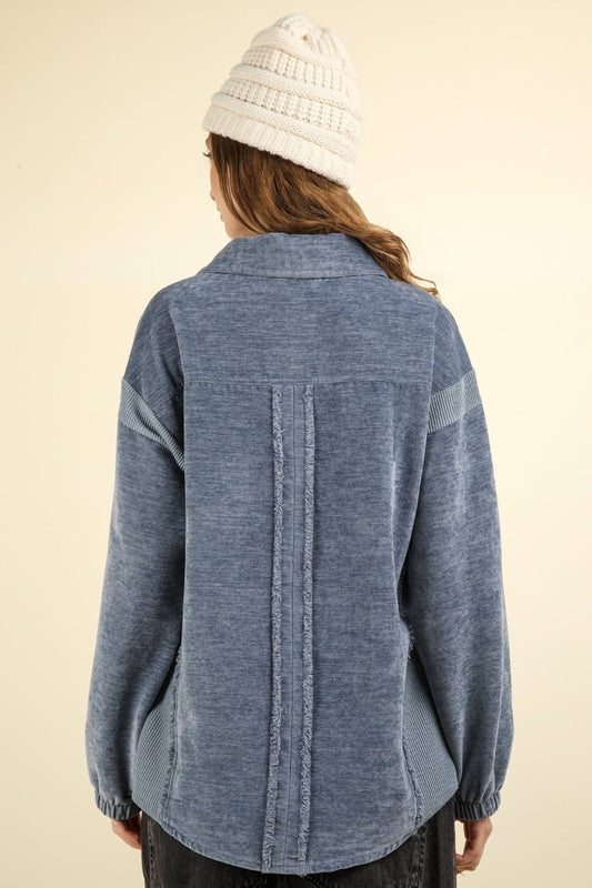 Very J - Mixed Media Button Down Raw Hem Shacket in Denim Blue