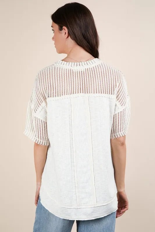 Very J - Natural Knit V - Neck Top with Sheer Mesh Sleeves