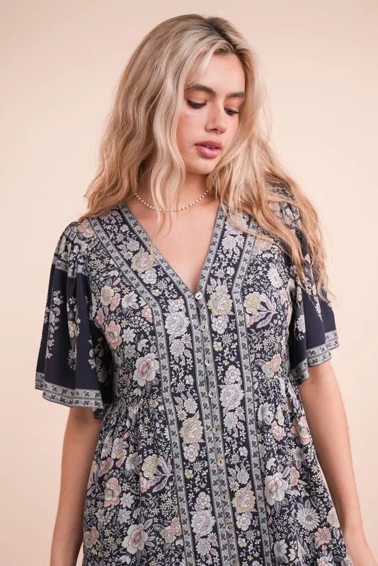 Very J - Navy Multi Boho Floral V - Neck Babydoll Mini Dress