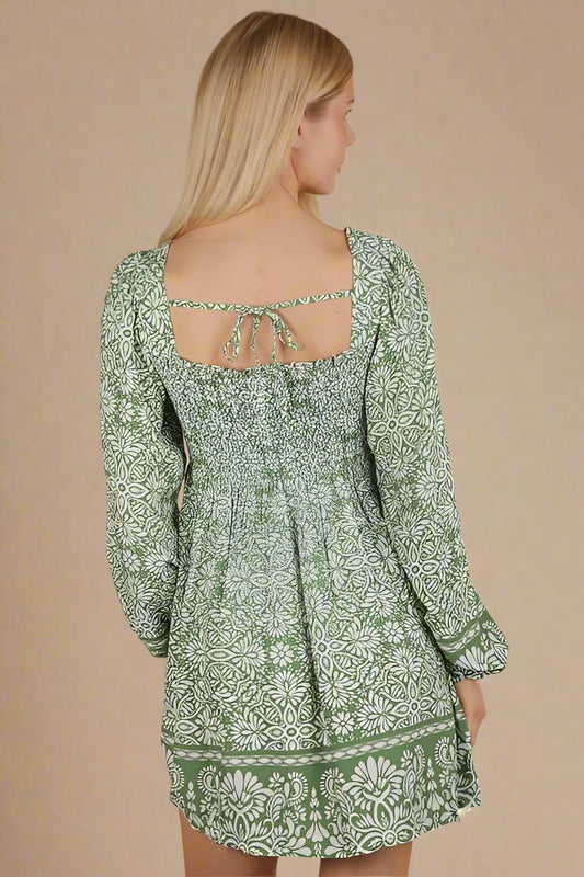 Very J - Olive Floral Smocked Long Sleeve Mini Dress