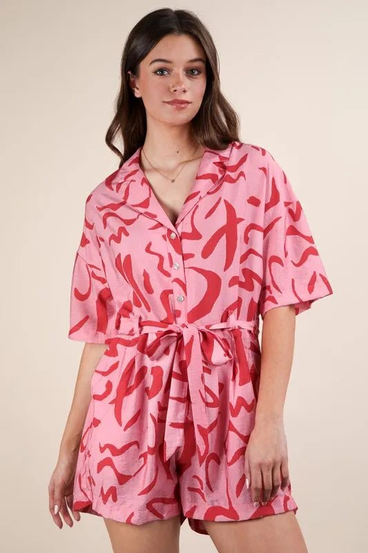 Very J - Pink Abstract Print Belted Romper