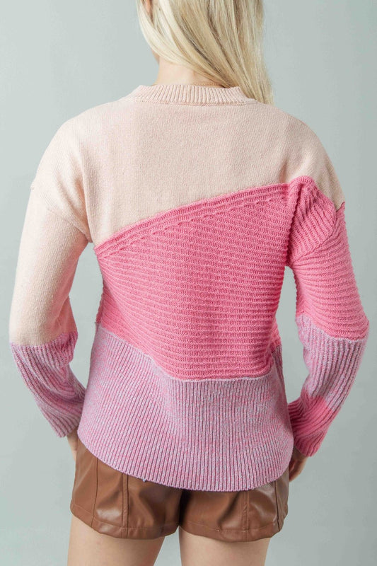 Very J - Pink Color Block Long Sleeve Sweater