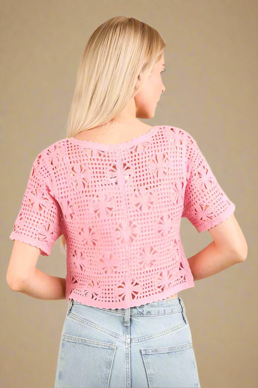 Very J - Pink Crochet Tie - Front Cardigan Top
