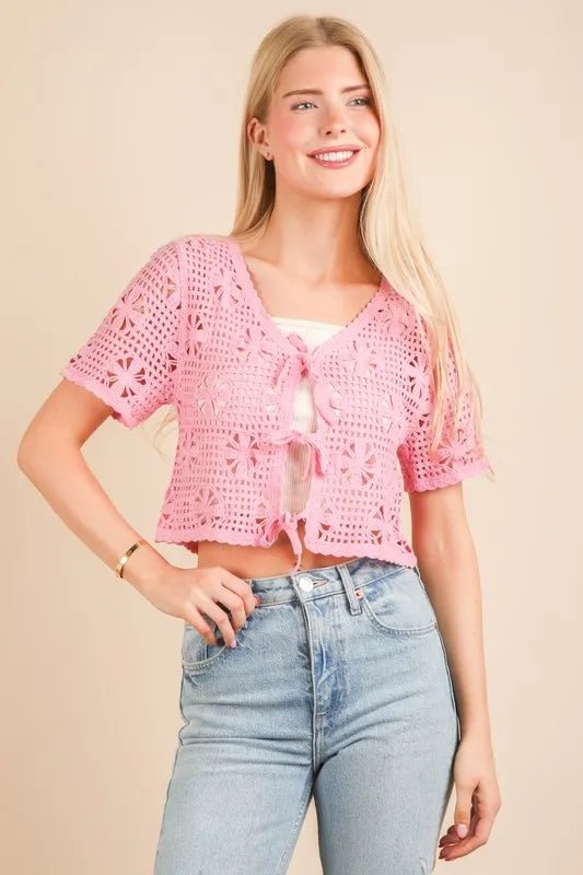 Very J - Pink Crochet Tie - Front Cardigan Top