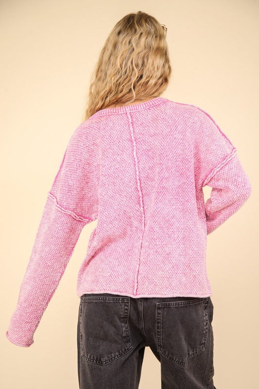 Very J - Pink Mineral Washed Exposed Seams Sweater