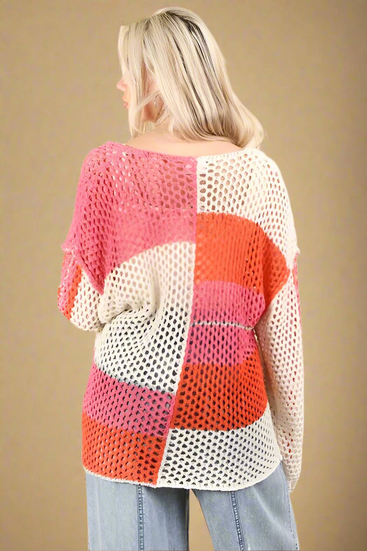 Very J - Pink Sunset Open Knit Pullover Sweater