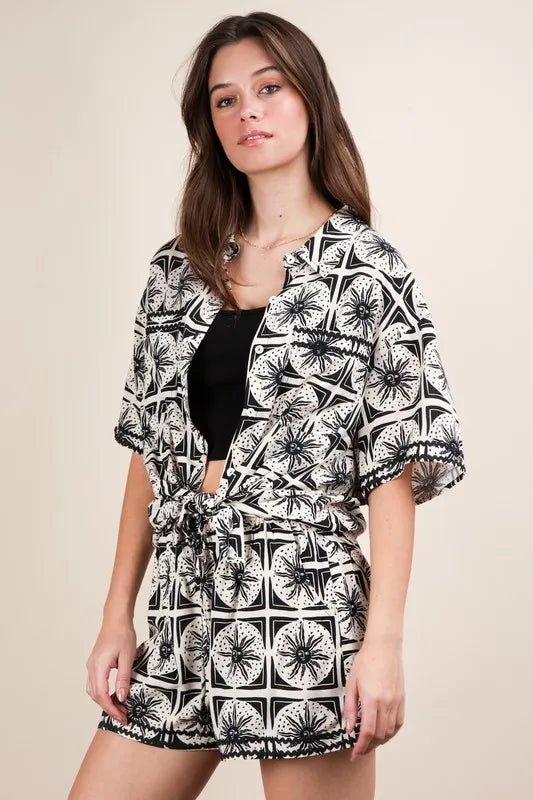 Very J - Plus Size Black & White Floral Print Short Set