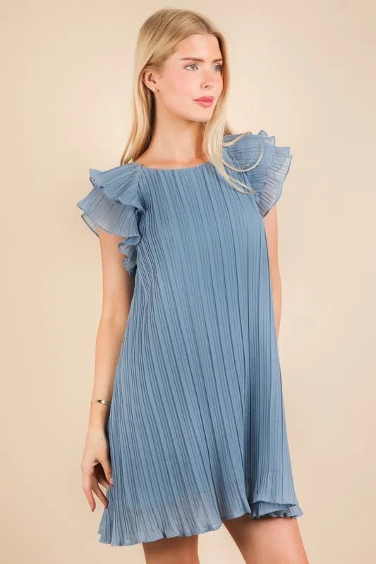 Very J - Plus Size Dusty Blue Pleated Flutter Sleeve Mini Dress