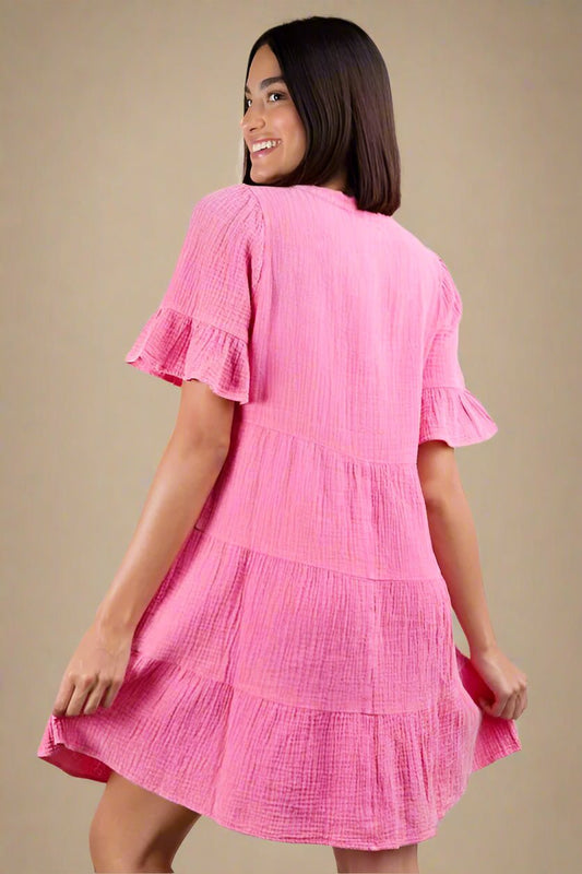 Very J - Plus Size Hot Pink Button - Front Babydoll Mini Dress