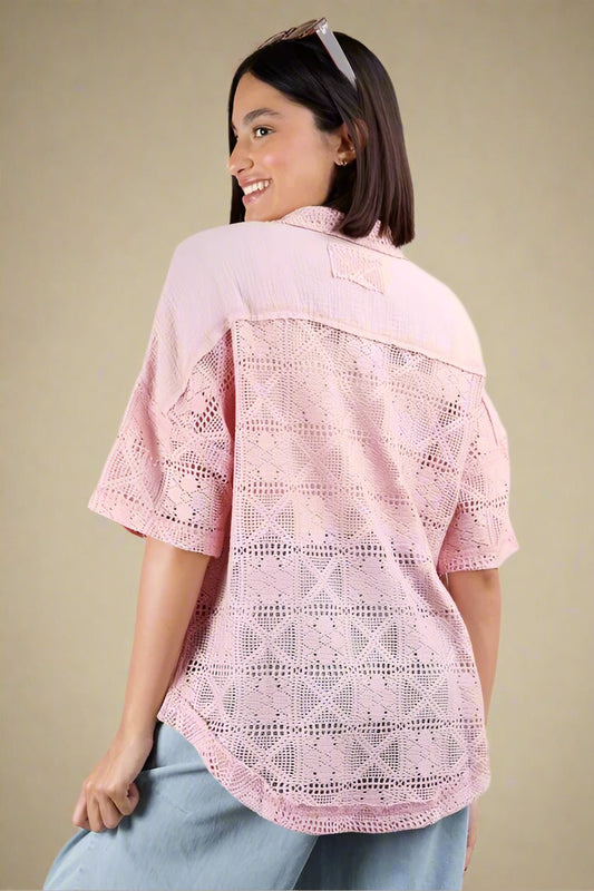 Very J - Plus Size Pink Crochet Button - Up Shirt