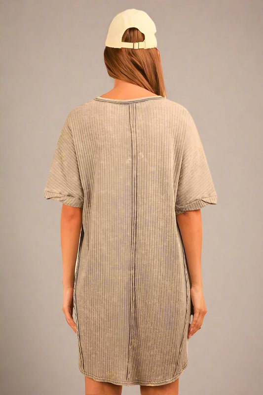 Very J - Plus Size Washed Gray Ribbed V - Neck Mini T-Shirt Dress