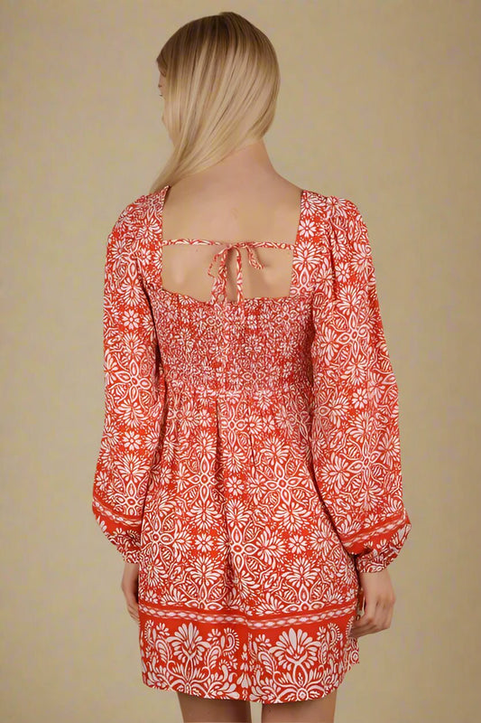 Very J - Red Floral Smocked Long Sleeve Mini Dress