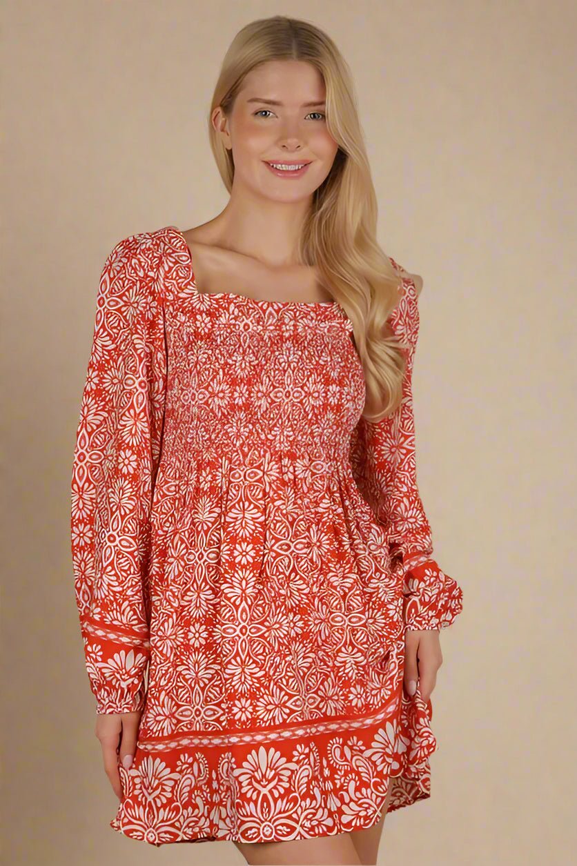 fitted lace wedding dress VERY J Red Floral Smocked Long Sleeve Mini Dress – Beach Rose Co main image 1
