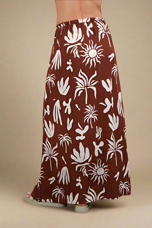 Very J - Rust Brown Tropical Leaf Print Maxi Skirt