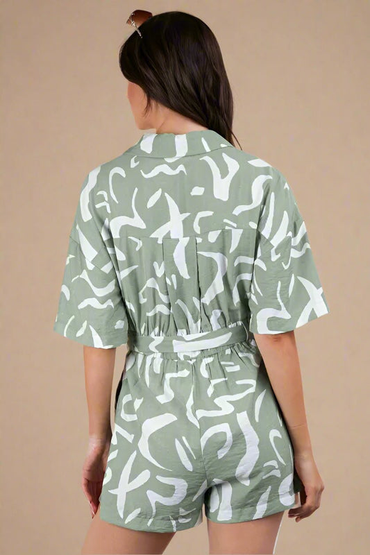 Very J - Sage Abstract Print Belted Romper