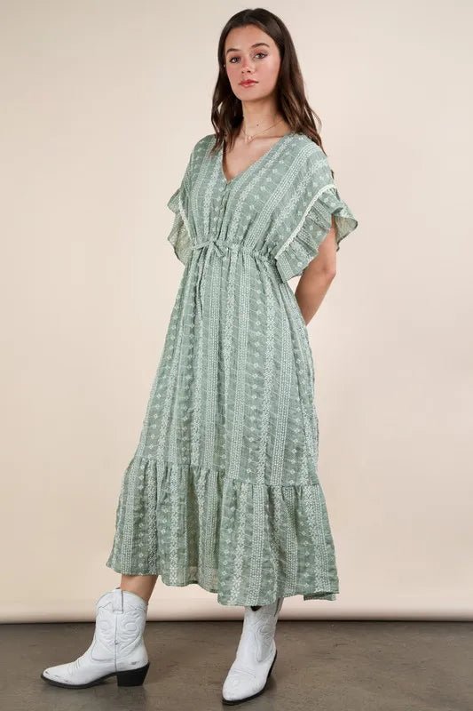 Very J - Sage Green Boho Midi Dress with Ruffle Sleeves