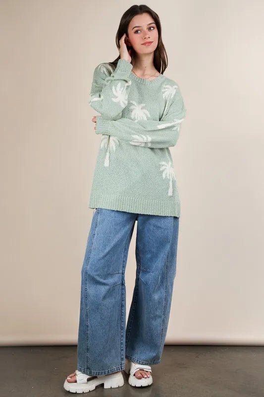 Very J - Sage Palm Tree Knit Pullover Sweater