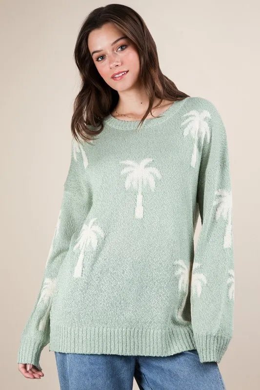 Very J - Sage Palm Tree Knit Pullover Sweater
