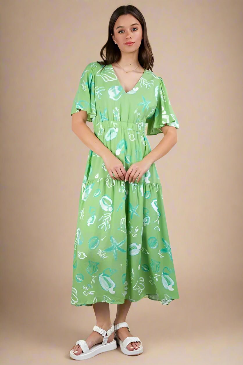 VERY J Seafoam Shell Print V-Neck Midi Dress – Beach Rose Co