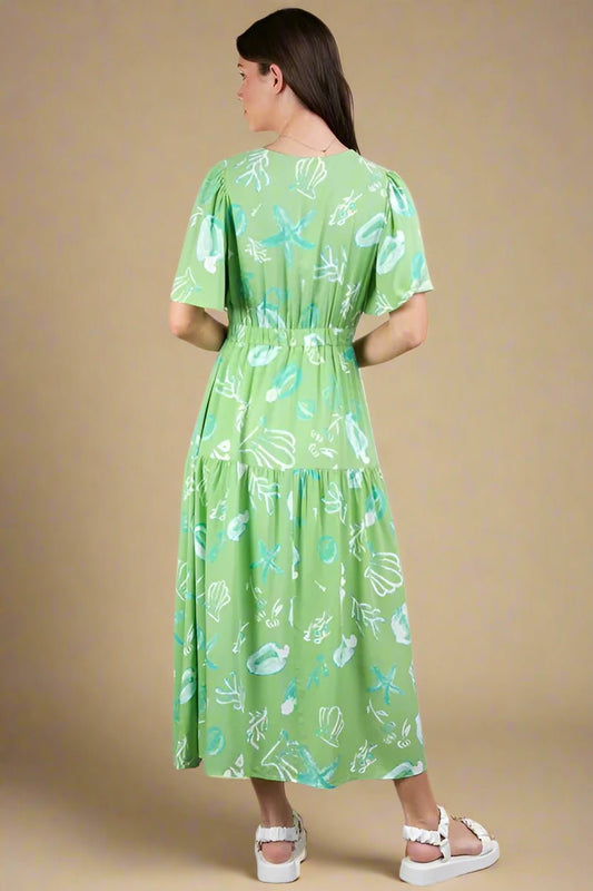 Very J - Seafoam Shell Print V - Neck Midi Dress