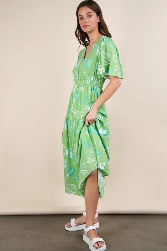 Very J - Seafoam Shell Print V - Neck Midi Dress