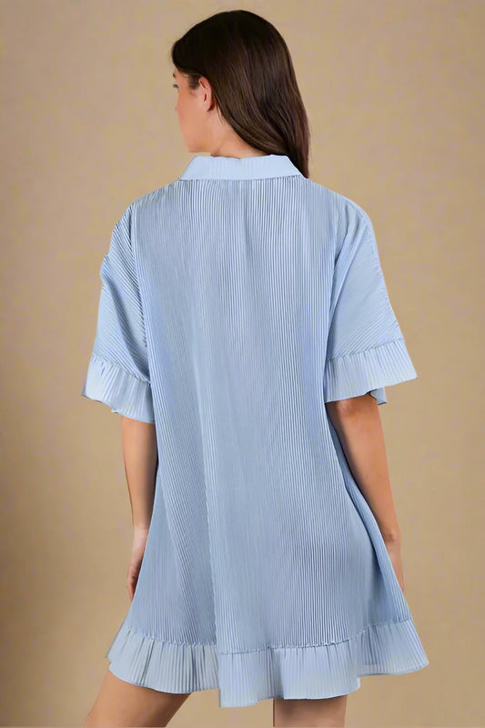 Very J - Sky Blue Pleated Button - Down Ruffle Hem Mini Dress