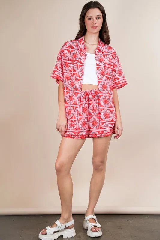 Very J - Strawberry Mosaic Button Down & Shorts Set