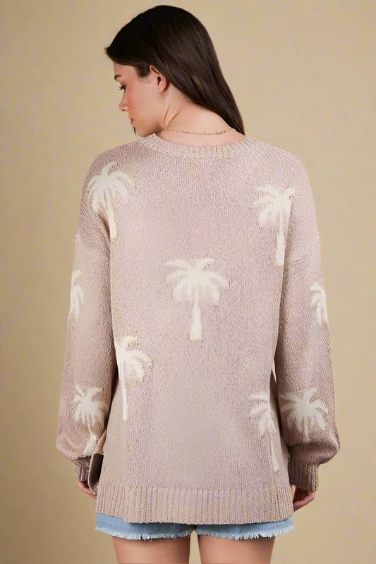 Very J - Tan Palm Tree Knit Pullover Sweater
