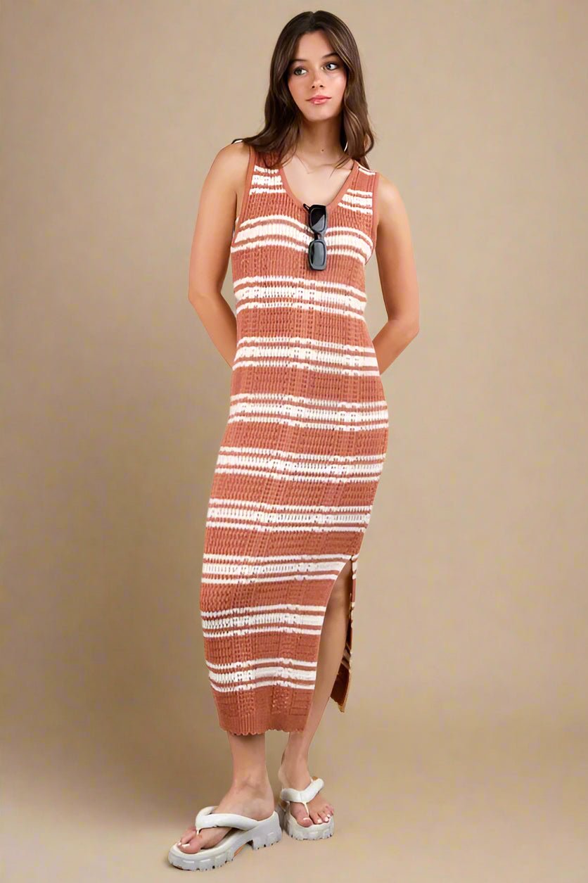 knee length dresses for ladies The Tracey: Sleeveless Oatmeal Stripe Knit Midi Dress Large main image 0