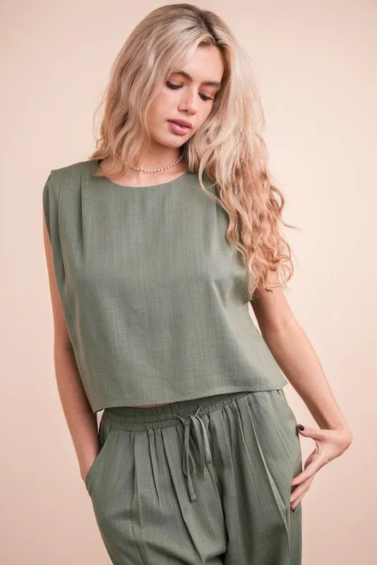 Very J - Textured Crop Top & Wide Leg Pant Set – Olive Green
