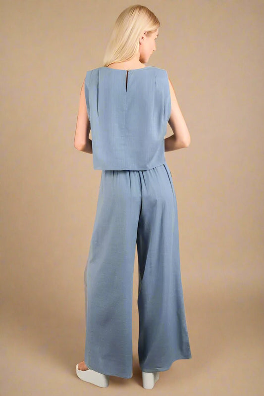 Very J - Textured Crop Top & Wide Leg Pant Set – Slate Blue