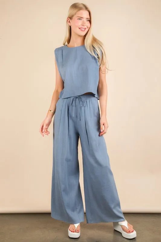 Very J - Textured Crop Top & Wide Leg Pant Set – Slate Blue
