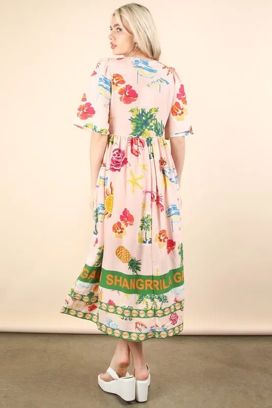 Very J - Tropical Print Button - Front Midi Dress in Blush Multi