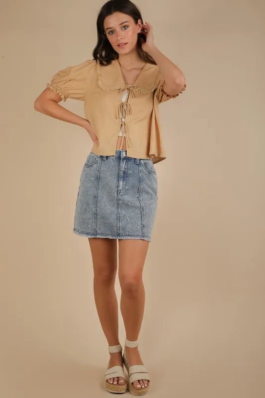 Very J - Washed Denim Blue Embroidered Bow Mini Skirt
