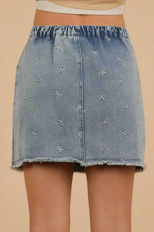 Very J - Washed Denim Blue Embroidered Bow Mini Skirt