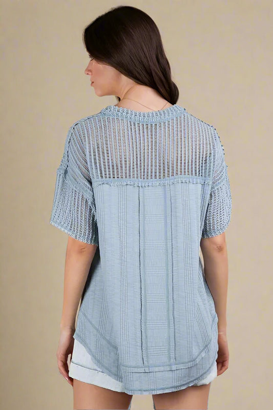 Very J - Washed Denim Blue Knit V - Neck Top with Sheer Mesh Sleeves