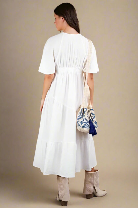 Very J - White Flutter Sleeve Tiered Midi Dress